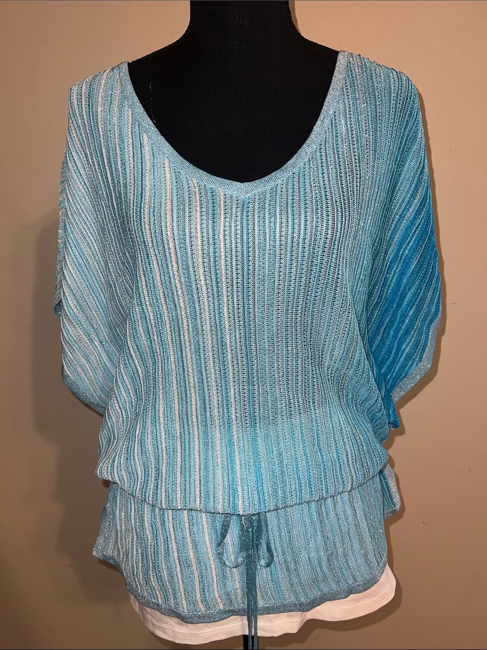 WHBM Blue Striped Sparkly Tie Front Tunic Top